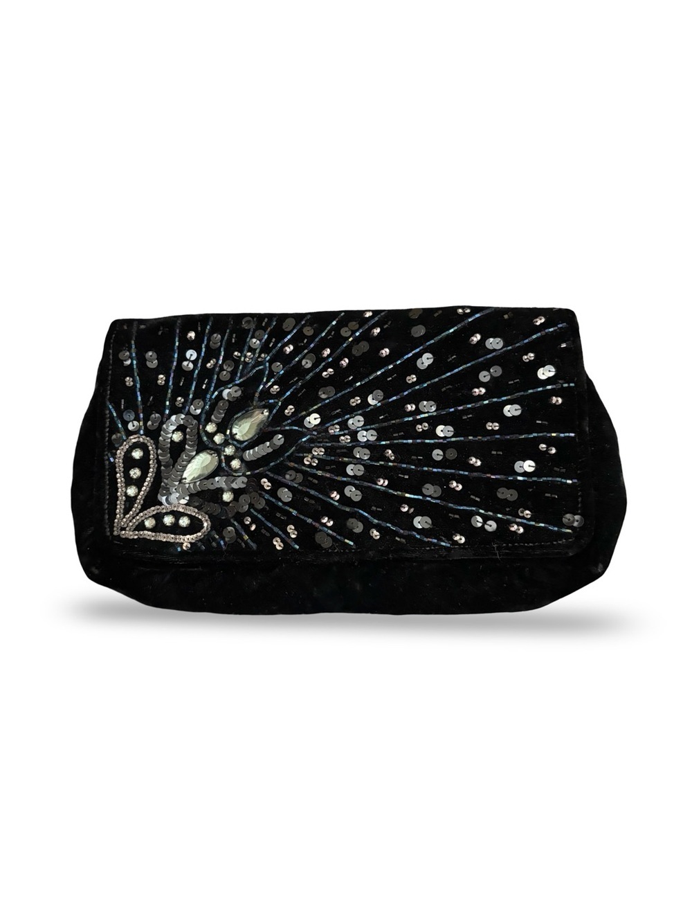 Ipa-Nima Black Beaded Peacock Clutch Evening Bag Embellished Velvet Handmade